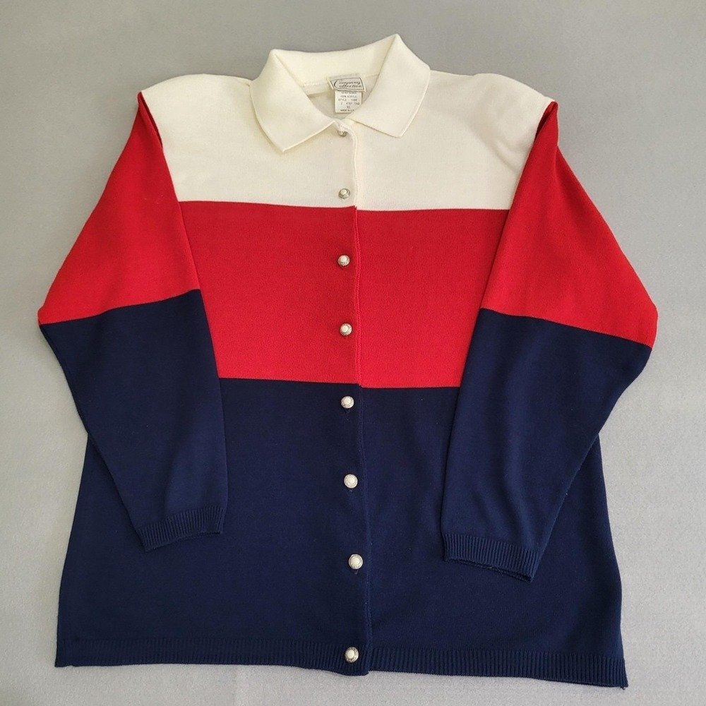 VTG Red White‎ Blue Striped Button Up Sweater Cardigan Women's XL Made In USA